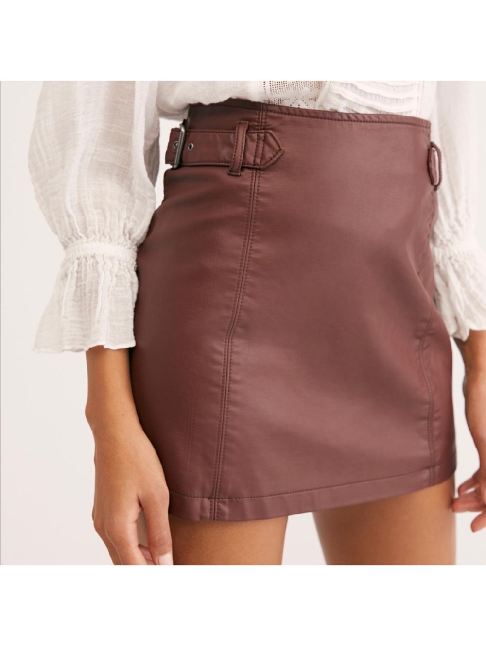 Free People Charli Burgundy Faux Leather Buckle Mini Skirt